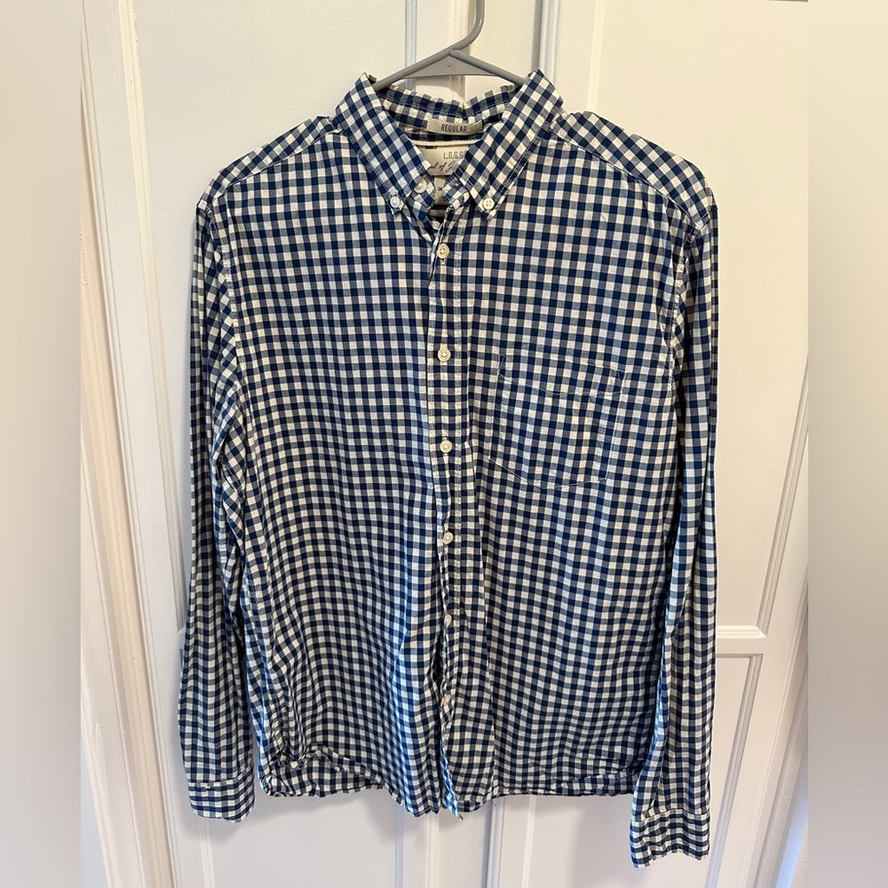 Blue checkered button down shirt, size Medium
